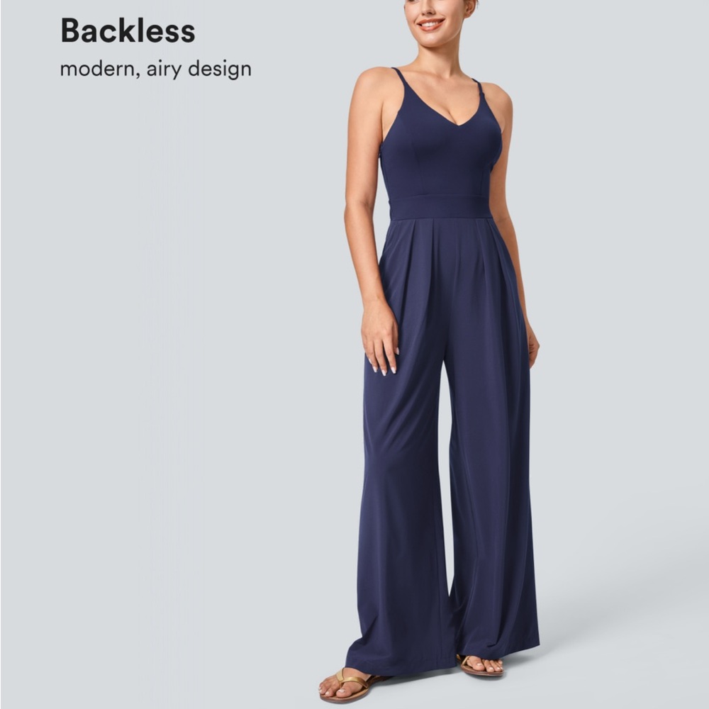 HALARA Navy Blue Backless Wide-Leg Jumpsuit